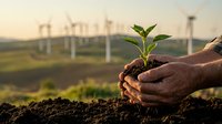 Hands protecting young green plant seedling with wind turbines in background representing sustainable energy and environmental conservation growth.