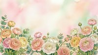 Watercolor ranunculus flowers border with soft pastel pink and peach blooms on dreamy background for wedding invitations and romantic designs.