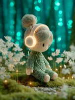 Cute knitted doll in green sweater sitting among white flowers on moss with glowing headphones. Magical turquoise bokeh background creates dreamy fairy tale atmosphere.