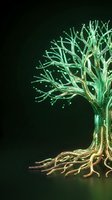 Digital tree with glowing green circuit branches and golden roots on dark background representing technology growth and artificial intelligence concepts.