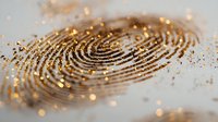 Golden glitter fingerprint on light background with sparkling particles, creating elegant biometric security concept for identity verification.