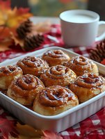 Fresh homemade cinnamon rolls with caramel glaze in white ceramic baking dish, served with coffee cup on red checkered cloth, autumn maple leaves and pinecones.