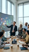 Diverse team of professionals gathered in modern office conference room with large windows, listening to male presenter in dark blazer explaining network diagram on digital screen displaying connected nodes and data visualization concepts.