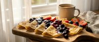 Homemade waffles with fresh berries and jam on wooden board near window with coffee mug creating cozy breakfast atmosphere for food blogs and recipes.