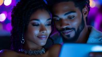 Young African American couple looking at digital tablet screen with romantic purple bokeh lighting in background, creating intimate nighttime atmosphere.