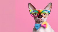 Stylish French Bulldog wearing colorful rainbow glasses and bow tie on pink background for trendy pet fashion and quirky animal portrait designs.