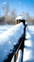 Fresh snow accumulated on wooden fence rail during winter snowfall, with soft bokeh background and falling snowflakes creating magical seasonal atmosphere.
