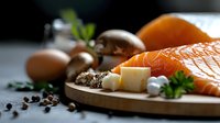 Raw salmon fillet with fresh cheese, eggs, and peppercorns on wooden board for cooking, nutrition, and culinary design projects.