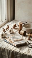 Vintage sewing supplies with wooden spools, cotton fabric, scissors and cotton branch on linen cloth near window creating cozy crafting atmosphere.