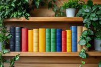 Colorful hardcover books arranged on wooden shelf with green houseplants creating cozy home library atmosphere, perfect for education and reading concepts.