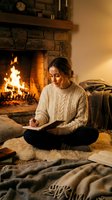 Young woman writing in journal by cozy fireplace wearing cable knit sweater in warm living room atmosphere for relaxation and self reflection.
