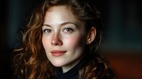 Young Caucasian woman with curly auburn hair and green eyes in dramatic lighting. Professional headshot portrait for business and lifestyle concepts.