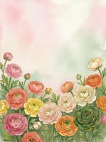 Watercolor ranunculus garden border with colorful blooms in pink, orange, yellow and green on soft pastel background with copy space.