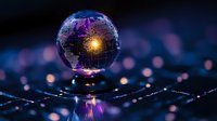 Glowing glass sphere with illuminated world map floating over reflective surface against dark background with purple and blue bokeh lights. Suitable for global concepts.