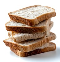 Stack of fresh white bread slices on white background, close up macro shot showing soft texture and golden crust. For food packaging and menu design.