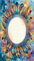 Watercolor feather frame with ornate patterns and vibrant colors surrounding blank oval space for text or design on artistic background.