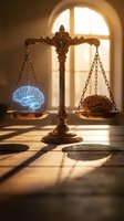 Ornate bronze scales of justice with glowing blue digital brain and traditional brain representing balance between artificial intelligence and human cognition.