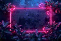 Glowing neon pink heart frame with tropical leaves on dark blue background creates romantic atmosphere for Valentine's day designs and love-themed projects.