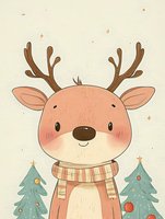 Cute cartoon reindeer wearing striped scarf with Christmas trees in background, soft pastel colors on textured paper. Childlike holiday illustration for cards and decor.