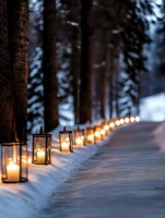 Glowing lanterns with candles create magical path through snowy winter forest at dusk, illuminating fresh snow with warm light along tree-lined walkway.