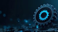 Futuristic mechanical gears with glowing blue light effects on dark background for technology and engineering concepts in digital innovation projects.