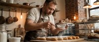 Middle-aged male baker with gray hair and beard, wearing apron, dusting flour on fresh croissants in rustic bakery kitchen with brick walls and hanging cookware.