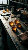 Amber liquid spirits in glass bottles and tumblers arranged on weathered marble countertop with notebooks and leather accessories, suitable for beverage, lifestyle, and editorial design projects.