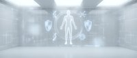 Futuristic medical hologram displaying human anatomy with health icons in sterile white laboratory environment for healthcare technology applications.