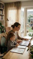 Woman and young child working together at laptop in bright home office with natural light from windows, plants, and bookshelves for remote work and education concepts.