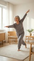 Senior woman with gray hair, Caucasian ethnicity, performing a dynamic balance pose in bright living room with wooden furniture and potted plant, wearing gray loungewear for fitness and wellness content.