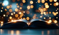 Open book with glowing pages against dark background with magical golden bokeh lights creating dreamy atmosphere for education and reading concepts.