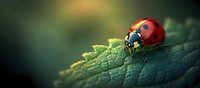 Red ladybug walking on textured green leaf surface with soft bokeh background, macro nature photography showing delicate details and natural lighting.