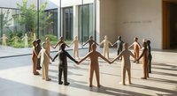 Wooden human figures holding hands in circle symbolizing teamwork, unity and collaboration in modern office environment with natural lighting.