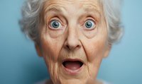 Surprised elderly Caucasian woman with white hair and bright blue eyes expressing shock and amazement against light blue background, close-up portrait showing genuine emotion.