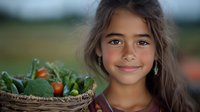Smiling Hispanic preteen girl with long dark hair holding wicker basket full of fresh vegetables and produce from garden, representing healthy lifestyle and nutrition.