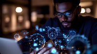 African American male professional in glasses working late with glowing digital interface projections, focusing on futuristic technology display from laptop in dark office.