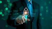 Businessman touching rocket icon with digital interface elements representing startup launch, innovation and business growth concept for presentations.