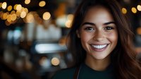 Young mixed race woman with bright genuine smile and long brown hair against blurred warm bokeh lights background, expressing joy and confidence.
