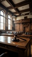 Traditional courtroom interior with wooden gavel on judge bench, ornate ceiling beams, arched windows and jury seating for legal proceedings and justice concepts.