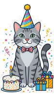 Gray tabby cat wearing colorful party hat and bow tie, surrounded by birthday cake, wrapped gifts, confetti and streamers. Isolated clipart for celebrations, greeting cards and party designs.