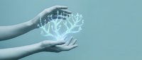 Hands holding glowing digital brain network against blue background, representing artificial intelligence, technology innovation, and future computing solutions.