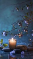 Glowing candle with smooth stones and delicate flowers against moody blue background creates serene spa atmosphere for wellness and meditation.