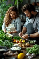 Young couple preparing fresh vegetables and herbs in rustic kitchen, cooking healthy meal together while wearing aprons. Natural lighting highlights fresh ingredients.