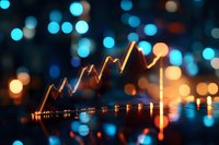 Glowing financial chart line graph showing market growth trend on reflective surface with defocused blue and orange bokeh lights in background.