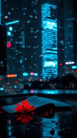Open book with red flower on wet surface against blurred urban nightscape with glowing blue skyscraper and bokeh lights in background. Moody atmospheric scene.