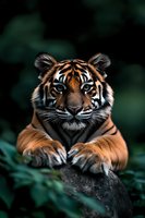 Majestic Sumatran tiger portrait with intense gaze resting on rock against dark green foliage background, showcasing powerful paws and distinctive orange striped fur.