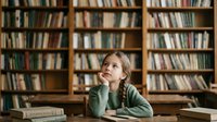 Young Caucasian girl with blonde braided hair sitting at wooden desk in library, resting chin on hand, looking upward thoughtfully surrounded by bookshelves. Suitable for education, learning, and knowledge concepts.