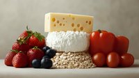 Fresh strawberries, blueberries, tomatoes, cheese and oatmeal arranged in creative food composition on light background, healthy breakfast concept.