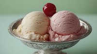 Two scoops of creamy ice cream in ornate glass bowl topped with cherry on mint green background for dessert menu and food photography.