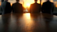 Business executives silhouetted at conference table during sunset meeting, with dramatic sunlight reflection on wooden surface creating atmospheric corporate scene.